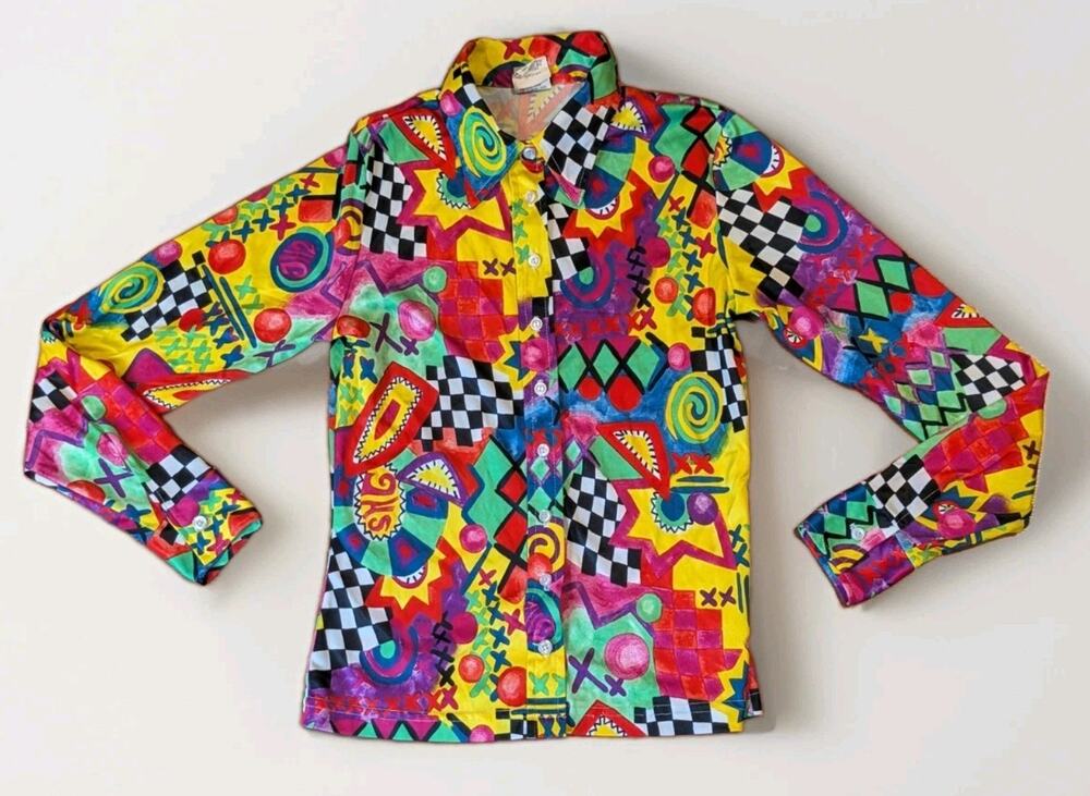 Vintage 90s MGR Abstract Geometric Shirt Womens M USA Memphis Checkerboard